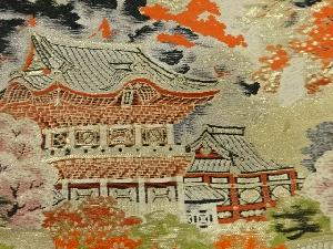 アンティーク　寺院風景模様織出し名古屋帯